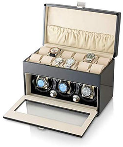 Watch Winder and Storage Box for Winding 3 Automatic Watches and 12 Watch Storage Space (Black + Beige): Gateway