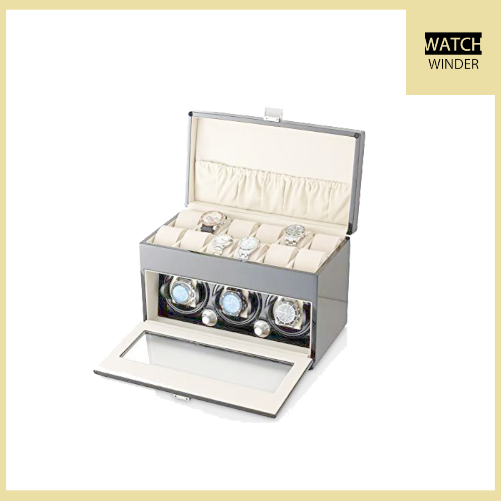 Watch Winder and Storage Box for Winding 3 Automatic Watches and 12 Watch Storage Space (Black + Beige): Gateway