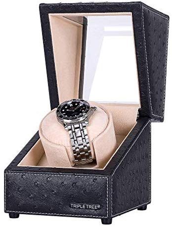 Single Watch Winder Newly Upgraded, with Flexible Plush Pillow, in Wood Shell and Black Leather, Japanese Motor, 4 Rotation Mode Setting, Fit Lady and Man Automatic Watch: Watches