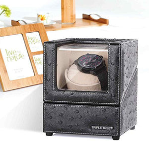 Single Watch Winder Newly Upgraded, with Flexible Plush Pillow, in Wood Shell and Black Leather, Japanese Motor, 4 Rotation Mode Setting, Fit Lady and Man Automatic Watch: Watches
