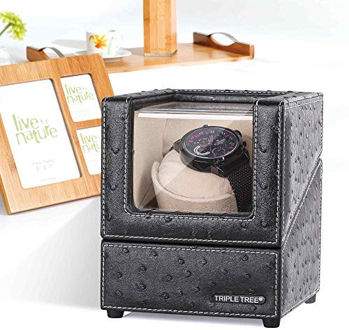 Single Watch Winder Newly Upgraded, with Flexible Plush Pillow, in Wood Shell and Black Leather, Japanese Motor, 4 Rotation Mode Setting, Fit Lady and Man Automatic Watch: Watches