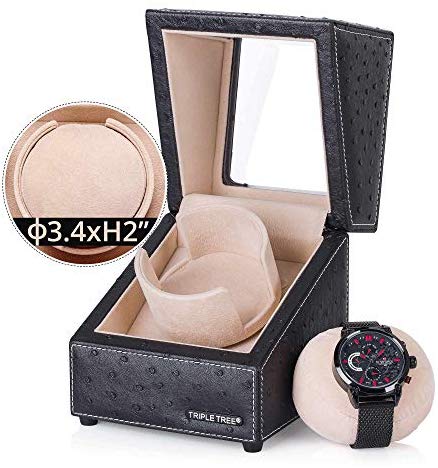 Single Watch Winder Newly Upgraded, with Flexible Plush Pillow, in Wood Shell and Black Leather, Japanese Motor, 4 Rotation Mode Setting, Fit Lady and Man Automatic Watch: Watches
