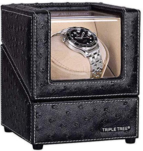 Single Watch Winder Newly Upgraded, with Flexible Plush Pillow, in Wood Shell and Black Leather, Japanese Motor, 4 Rotation Mode Setting, Fit Lady and Man Automatic Watch: Watches