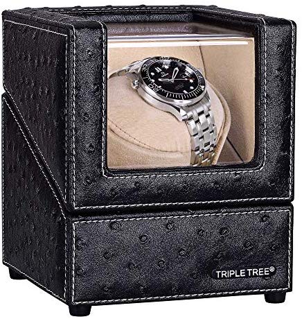 Single Watch Winder Newly Upgraded, with Flexible Plush Pillow, in Wood Shell and Black Leather, Japanese Motor, 4 Rotation Mode Setting, Fit Lady and Man Automatic Watch: Watches