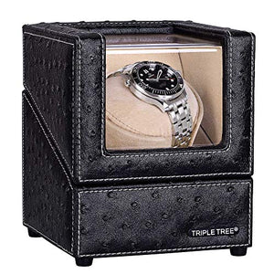 Single Watch Winder Newly Upgraded, with Flexible Plush Pillow, in Wood Shell and Black Leather, Japanese Motor, 4 Rotation Mode Setting, Fit Lady and Man Automatic Watch: Watches