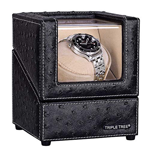 Single Watch Winder Newly Upgraded, with Flexible Plush Pillow, in Wood Shell and Black Leather, Japanese Motor, 4 Rotation Mode Setting, Fit Lady and Man Automatic Watch: Watches